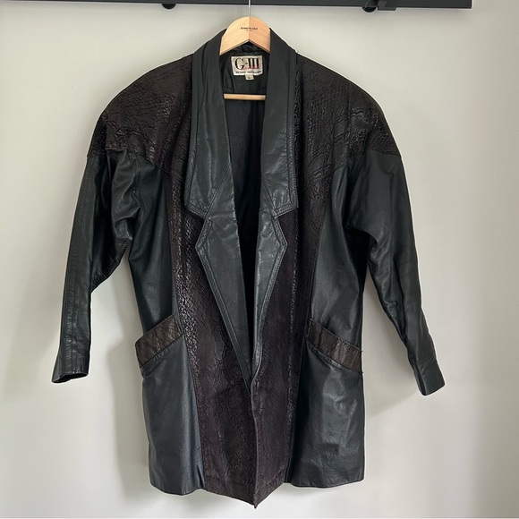 Vintage 80s Black Leather Coat Jacket Large Shoulders - Picture 2 of 16